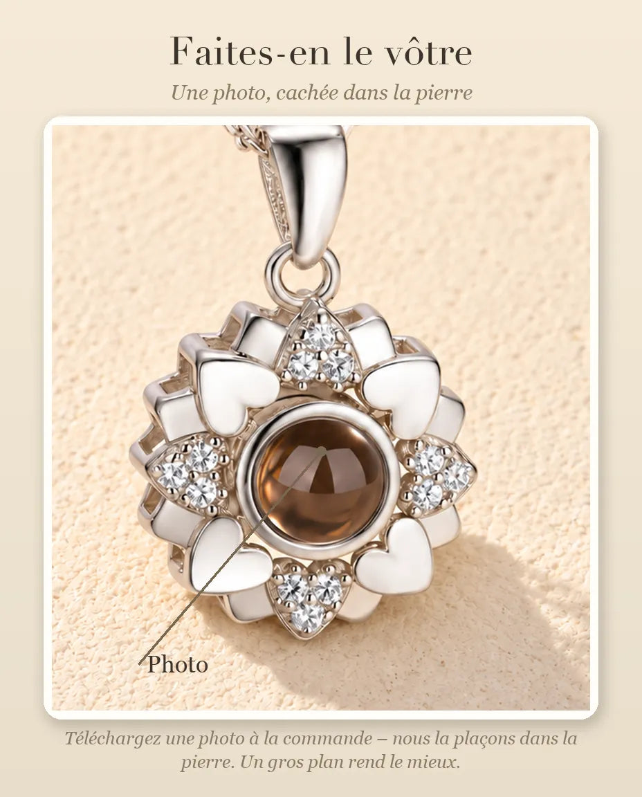 Guide de personnalisation : où se place votre photo dans la pierre de projection du collier fleur de cœurs