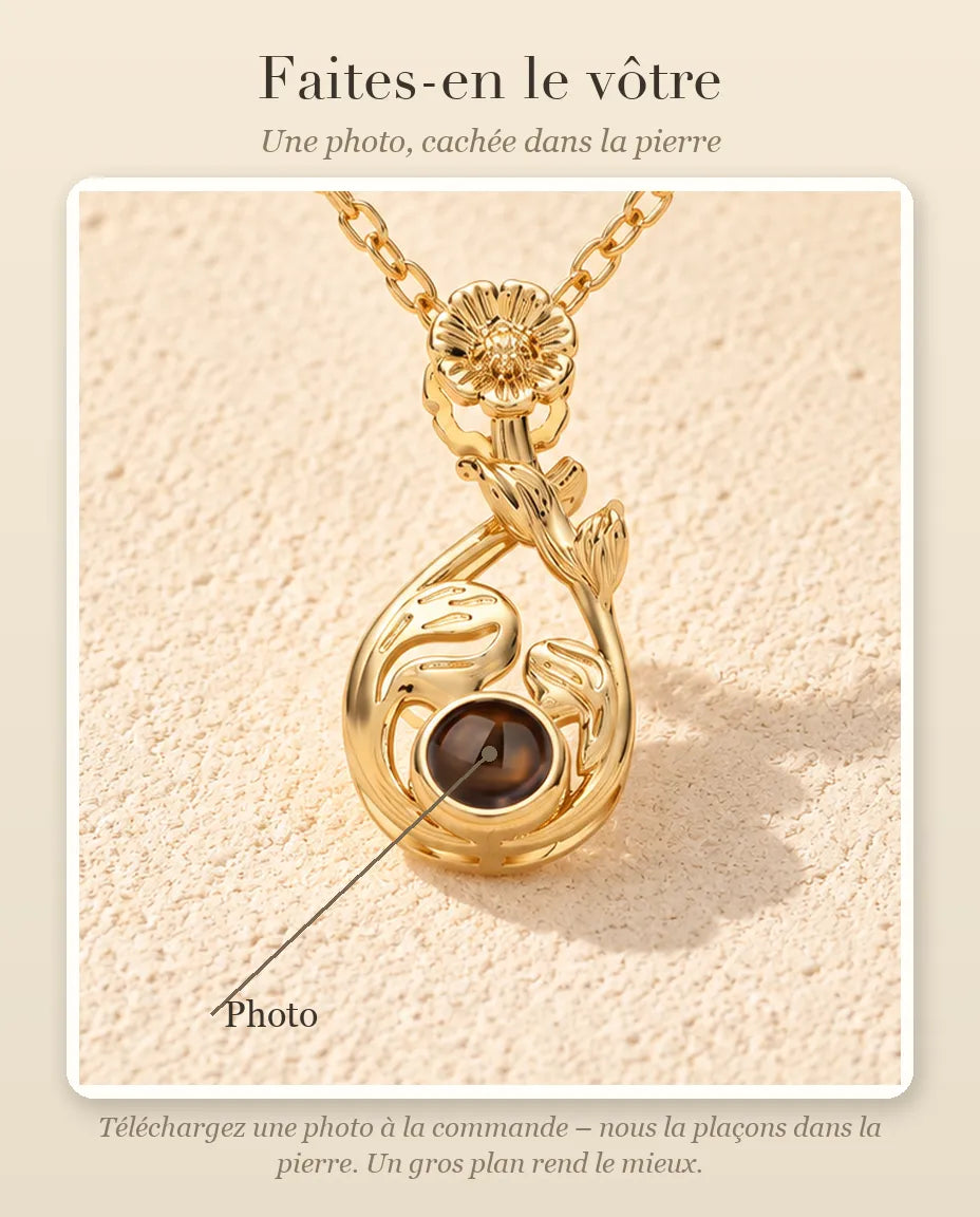 Guide de personnalisation : où se place votre photo dans la pierre de projection du collier goutte à marguerite