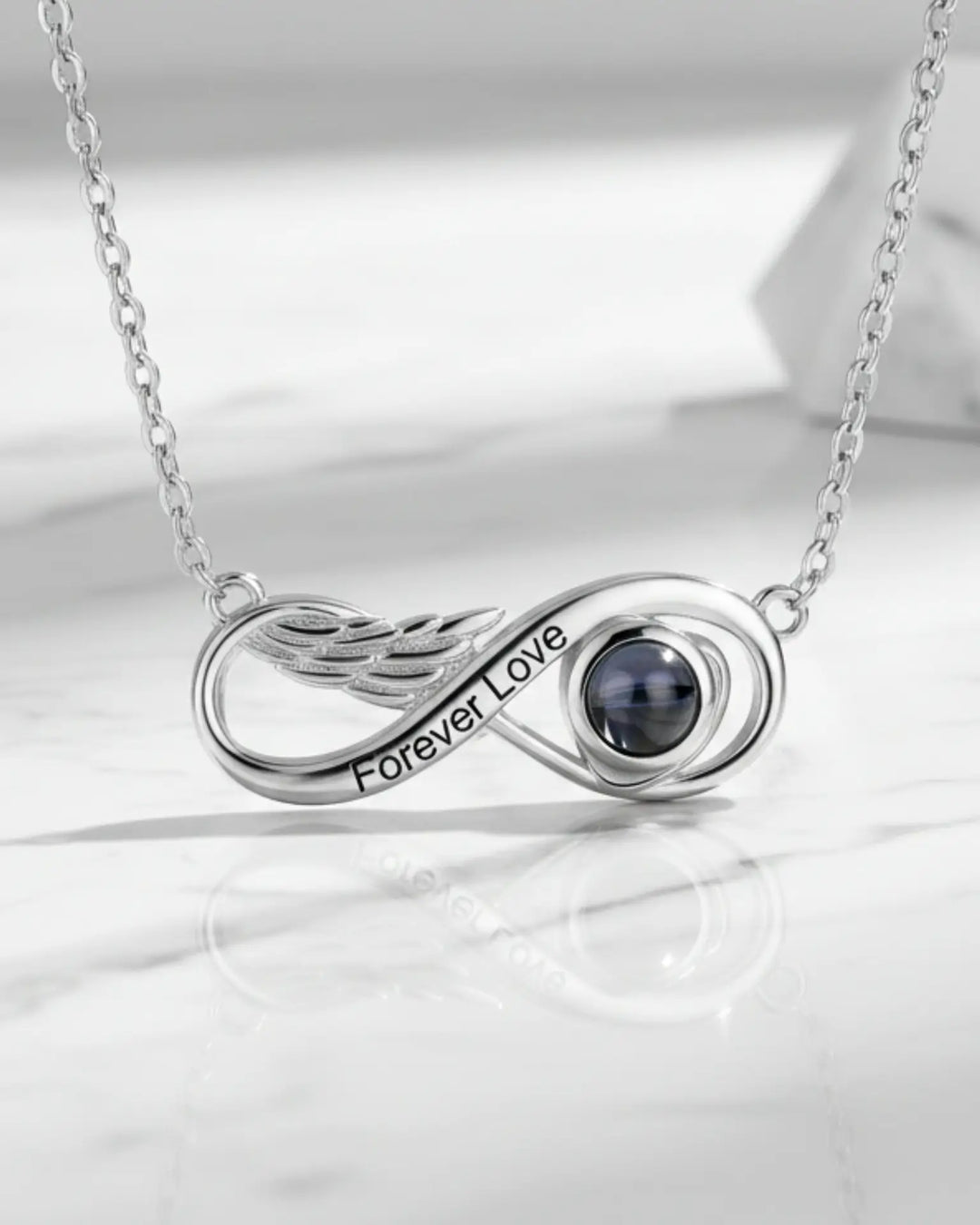 Collier Photo – Projection Infini avec Aile, votre photo cachée dans la pierre et gravure personnalisée, cadeau pour Elle