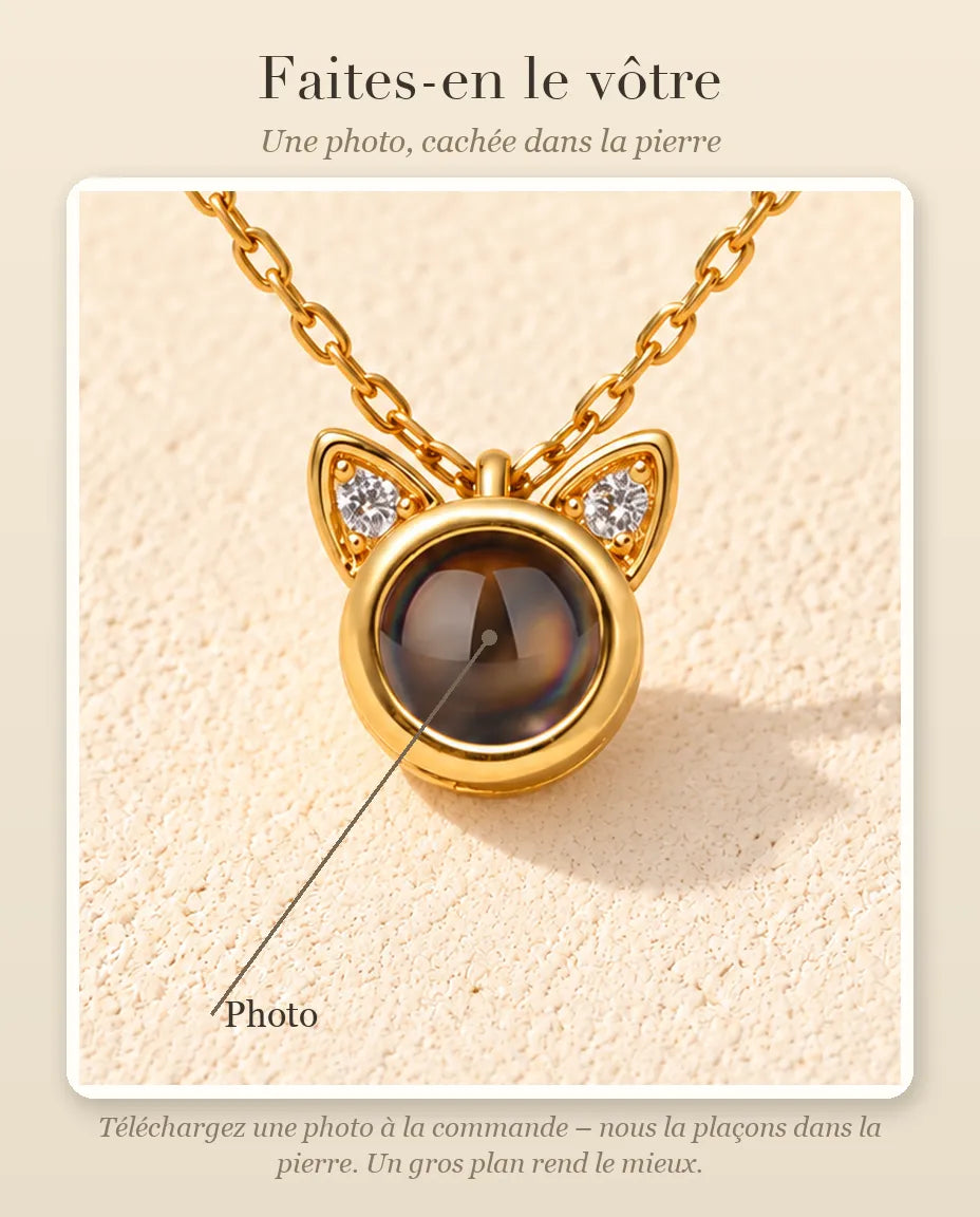Guide de personnalisation : où se place votre photo dans la pierre de projection du collier oreilles de chat