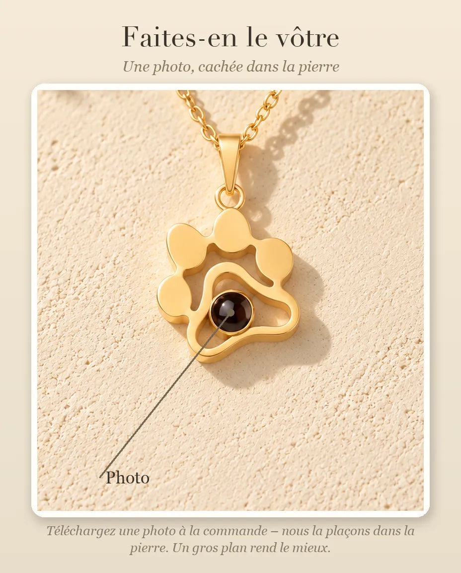 Guide de personnalisation : où se place votre photo dans la pierre de projection du collier patte