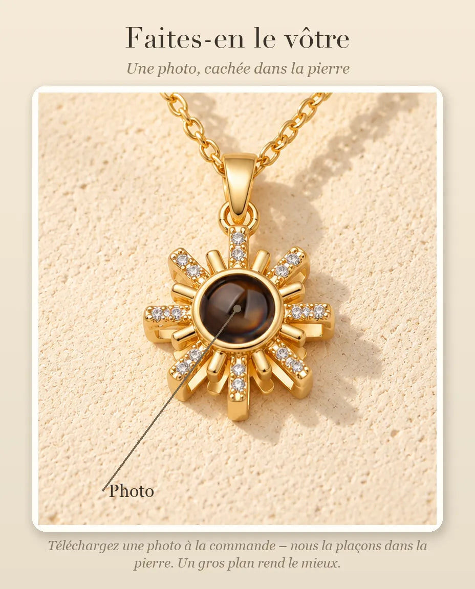 Guide de personnalisation : où se place votre photo dans la pierre de projection du collier soleil