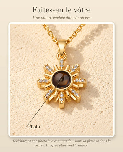 Guide de personnalisation : où se place votre photo dans la pierre de projection du collier soleil