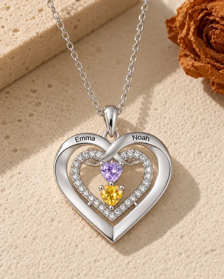Collier Pierre de Naissance - version à 2 prénoms et pierres de naissance