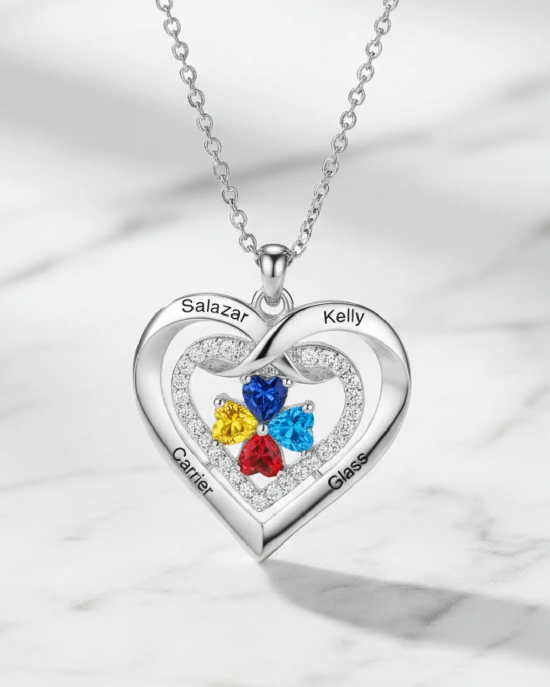 Collier Pierre de Naissance – Pendentif cœur gravé de 2 à 4 prénoms avec pierres assorties, cadeau pour maman