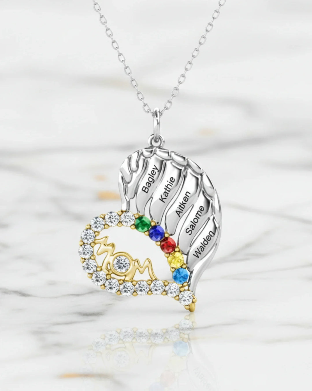 Collier Pierre de Naissance – Cœur ailé en argent 925, 3 à 6 prénoms gravés avec pierres, cadeau pour maman