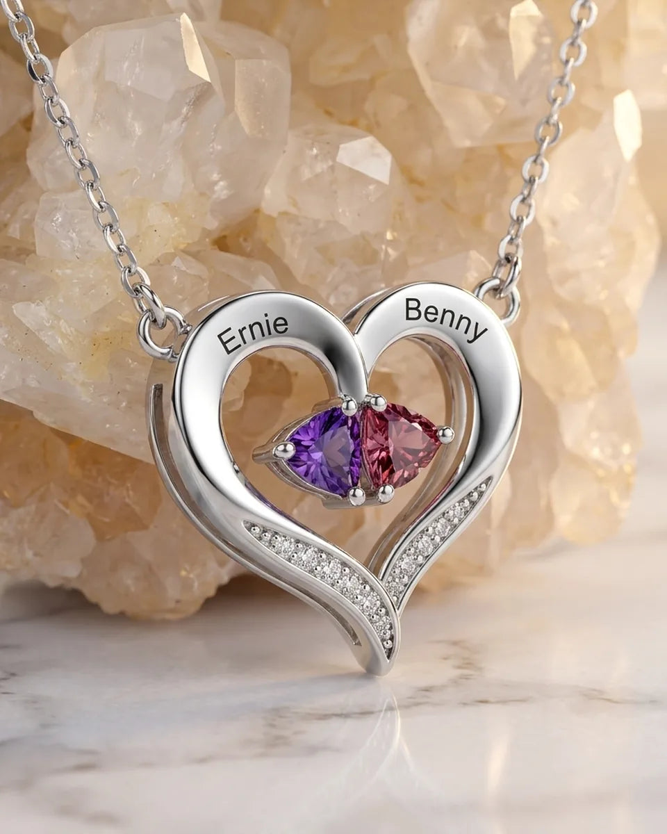 Collier Pierre de Naissance – Cœur Ouvert en Argent 925 avec Deux Prénoms Gravés, Cadeau pour Maman