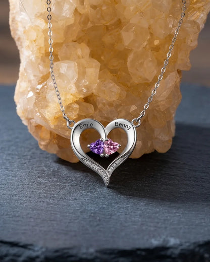 Collier Pierre de Naissance – Cœur Ouvert en Argent 925 avec Deux Prénoms Gravés, Cadeau pour Maman