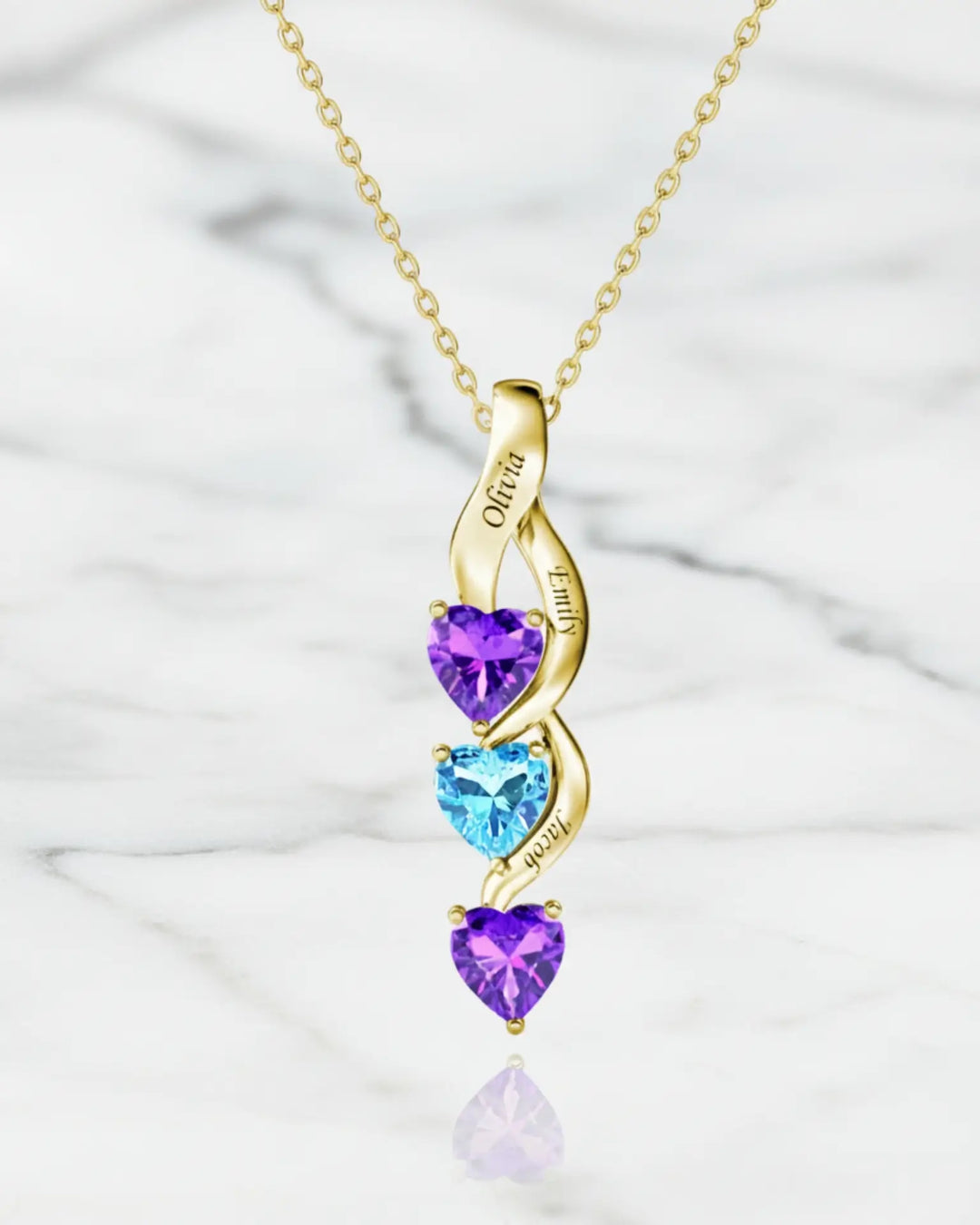 Collier Pierre de Naissance – Cœurs Entrelacés, 3 Prénoms Gravés, Argent Sterling 925, Cadeau pour Maman