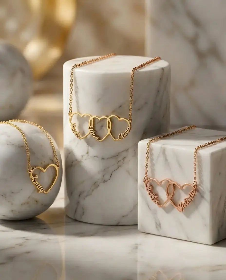 Collier Prénom – Cœurs de Famille Entrelacés, 1 à 5 Prénoms Gravés, Cadeau pour Maman, Mamie, Fête des Mères, Anniversaire
