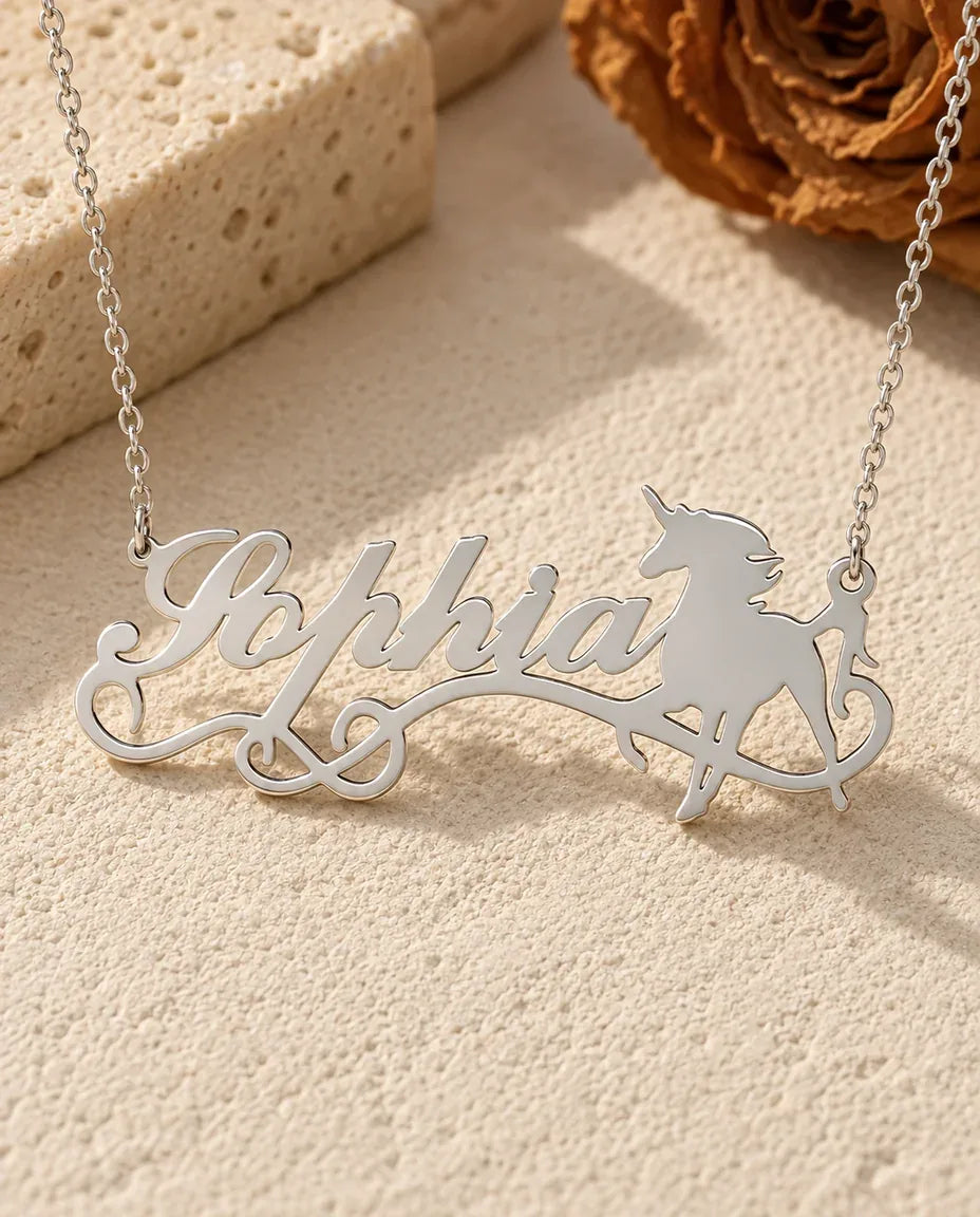 Collier Prénom Licorne - vue de face en argent