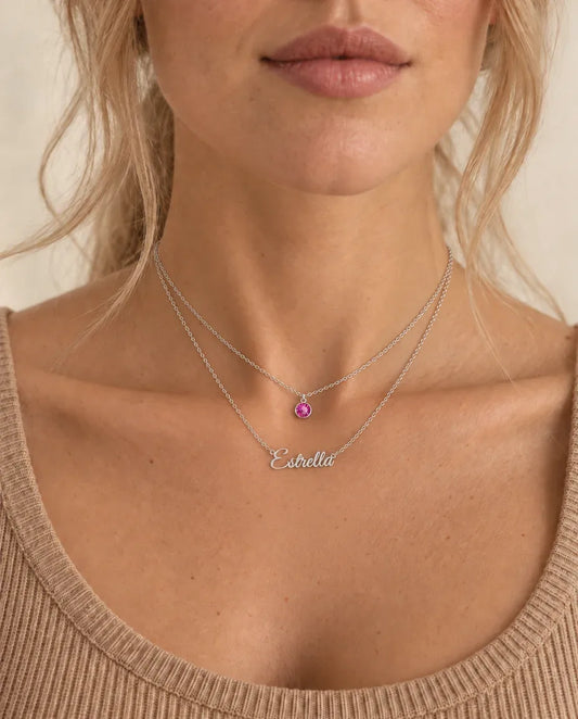 Collier Prénom et Pierre de Naissance Double Rang - porté par un mannequin