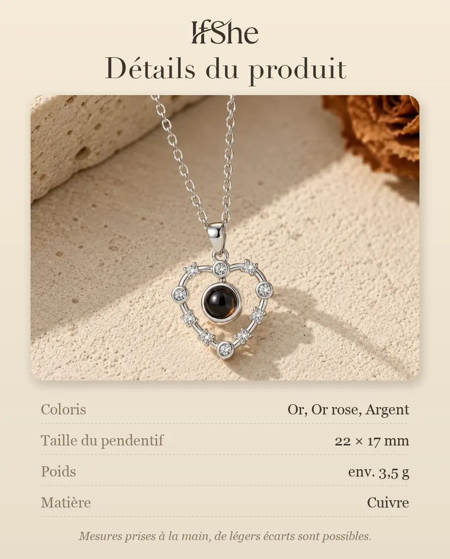 Collier Photo Cœur Plaqué Or 18K - dimensions et matière