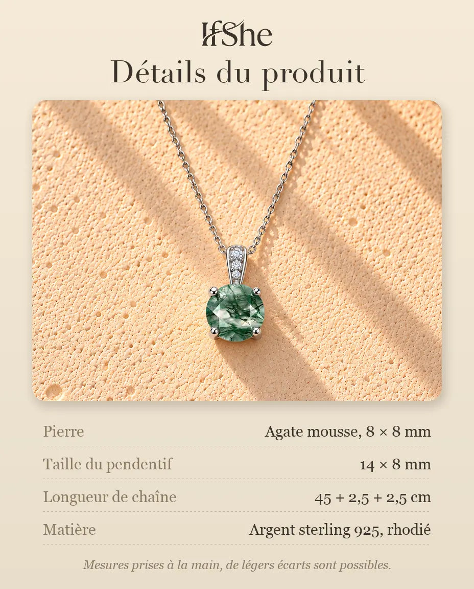 Collier Solitaire Agate Mousse Ronde en Argent 925 - détails du produit : pierres, taille du pendentif, longueur de chaîne et matière