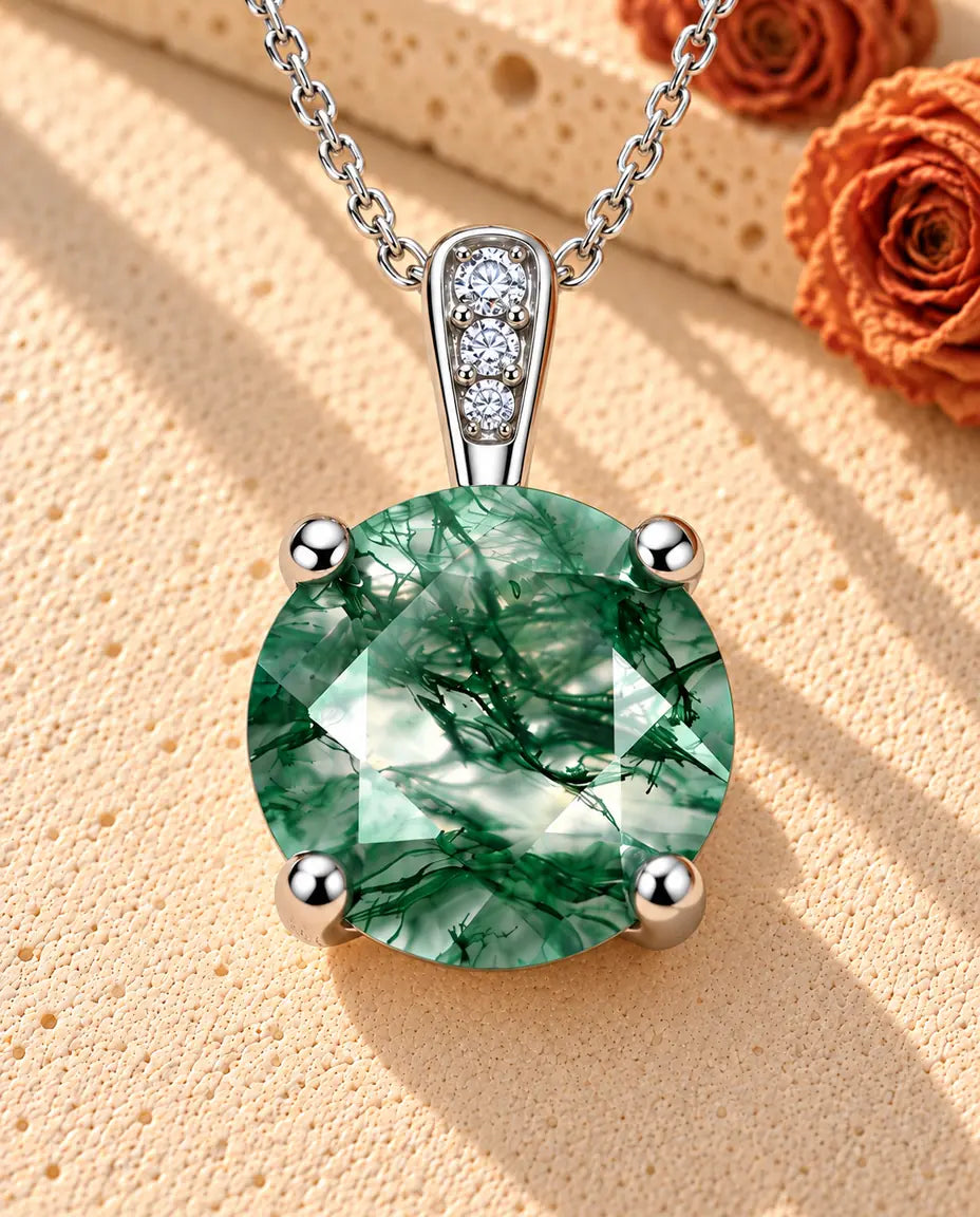Collier Solitaire Agate Mousse Ronde en Argent 925 - posé sur une surface claire texturée près d’un bloc de travertin