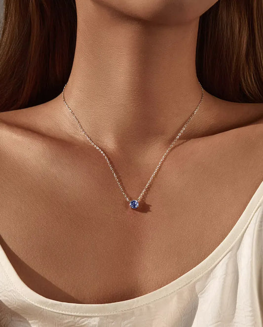 Collier Rond en Zircone Couleur Tanzanite en Argent 925 – Pendentif Solitaire Bleu Violet de 6 mm ou 8 mm sur Fine Chaîne, Cadeau pour Elle