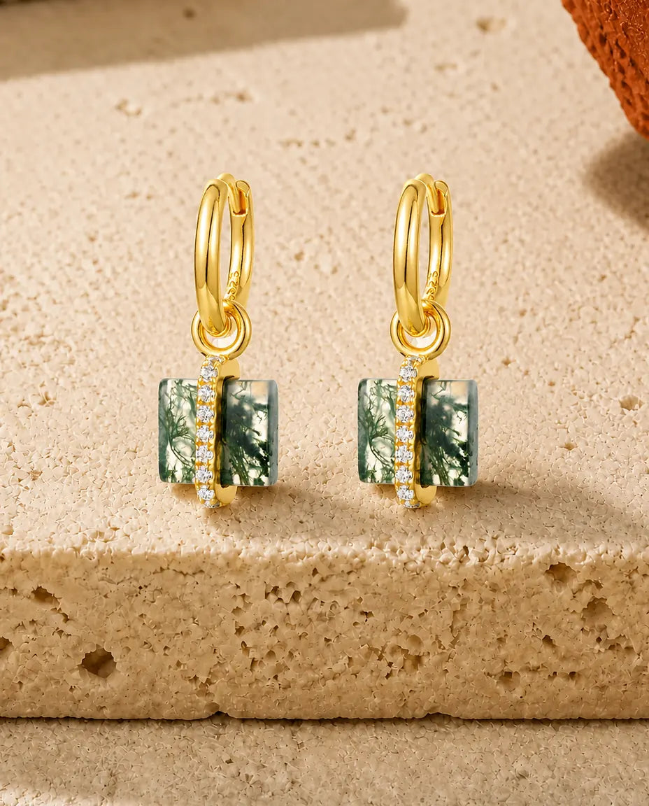 Créoles agate mousse - Bloc carré d'agate mousse et barrette pavée, argent 925 plaqué or 10 carats