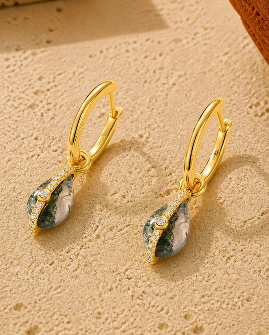 Créoles agate mousse - Cabochon goutte et bordure de zircons, argent 925 plaqué or 10K, cadeau pour elle
