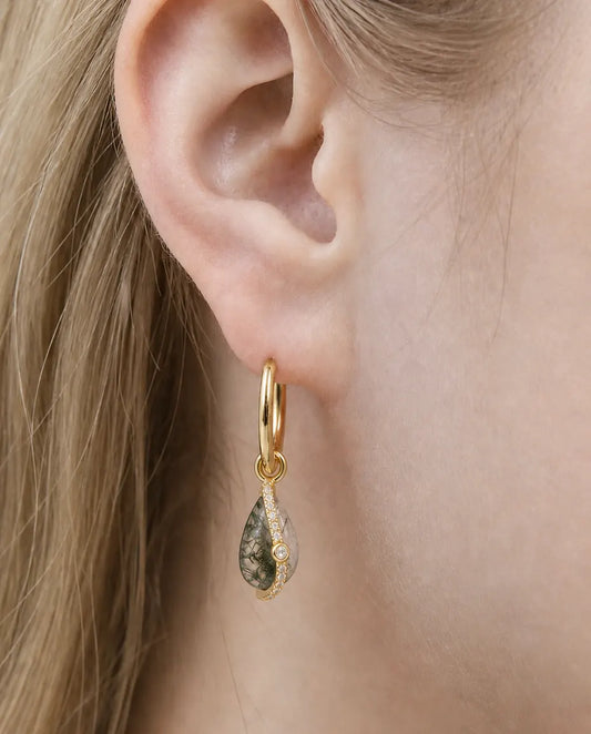 Créoles agate mousse - Cabochon goutte et bordure de zircons, argent 925 plaqué or 10K, cadeau pour elle