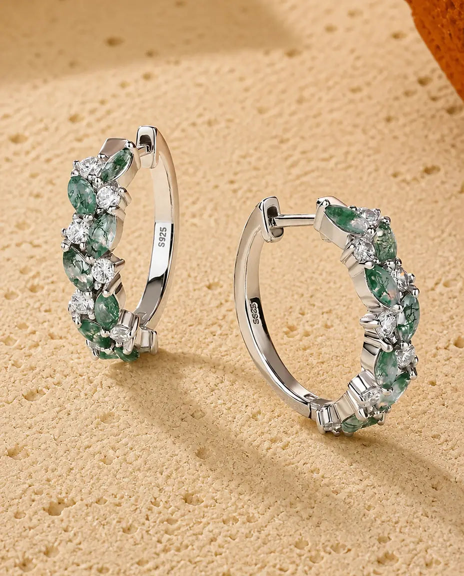 Créoles agate mousse - Agates marquise et zircons sertis tout autour, argent sterling 925, cadeau pour elle