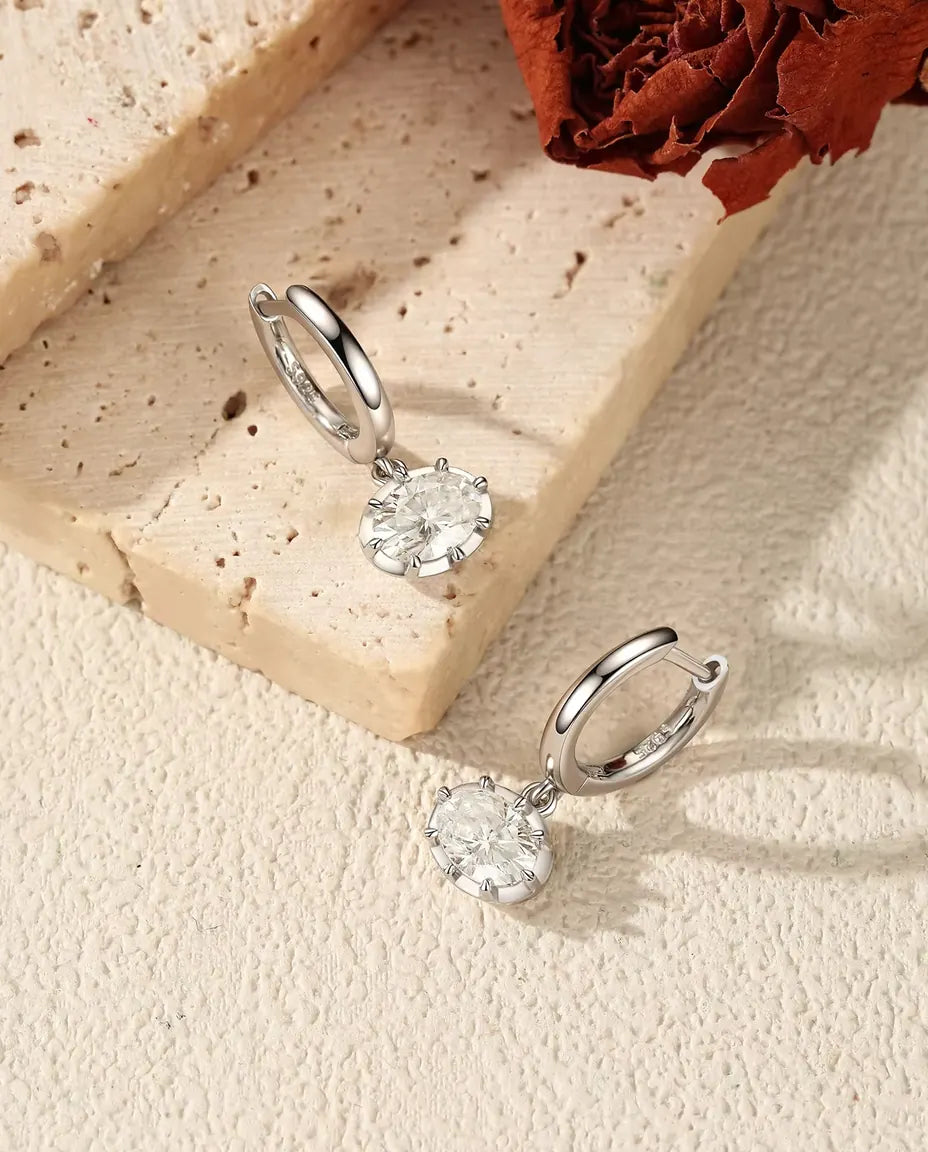 Créoles Pendantes Moissanite Ovale - Pierres ovales de 1,00 ct 5 x 7 mm, 21 mm de longueur, argent 925