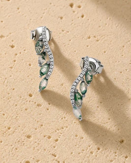 Boucles d'oreilles grimpantes agate mousse - Quatre pierres marquise sur une courbe pavée, argent 925, cadeau pour elle