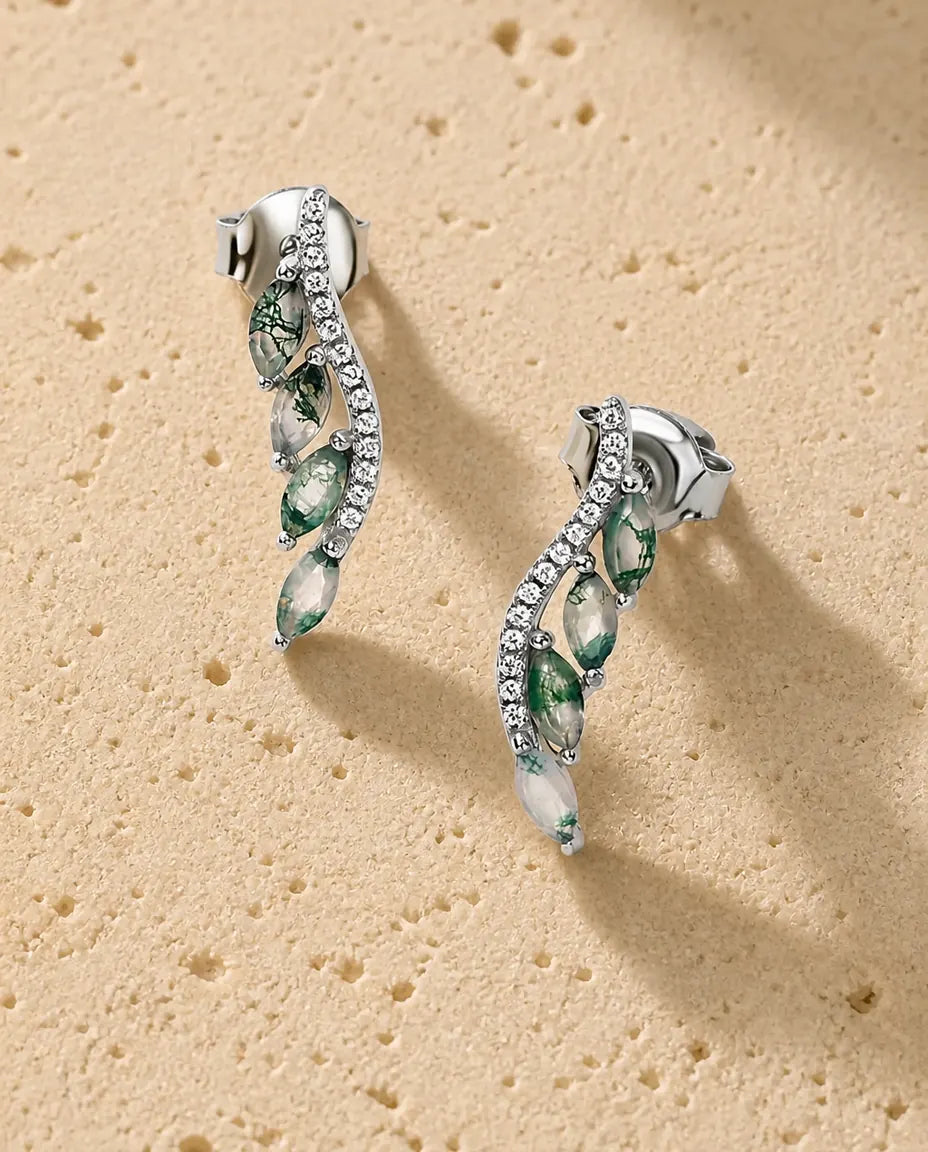 Boucles d'oreilles grimpantes agate mousse - Quatre pierres marquise sur une courbe pavée, argent 925, cadeau pour elle