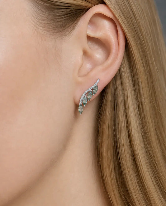 Boucles d'oreilles grimpantes agate mousse - Quatre pierres marquise sur une courbe pavée, argent 925, cadeau pour elle