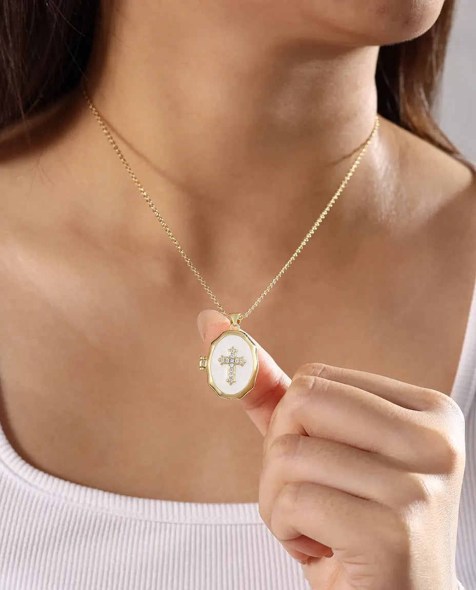 Médaillon croix personnalisé avec 2 photos – émail blanc, noir ou rouge, doré, cadeau baptême & communion