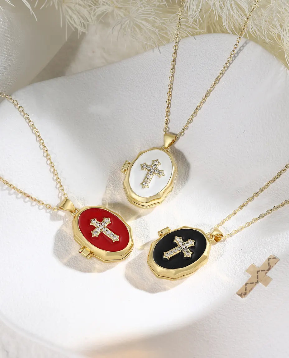 Médaillon croix personnalisé avec 2 photos – émail blanc, noir ou rouge, doré, cadeau baptême & communion
