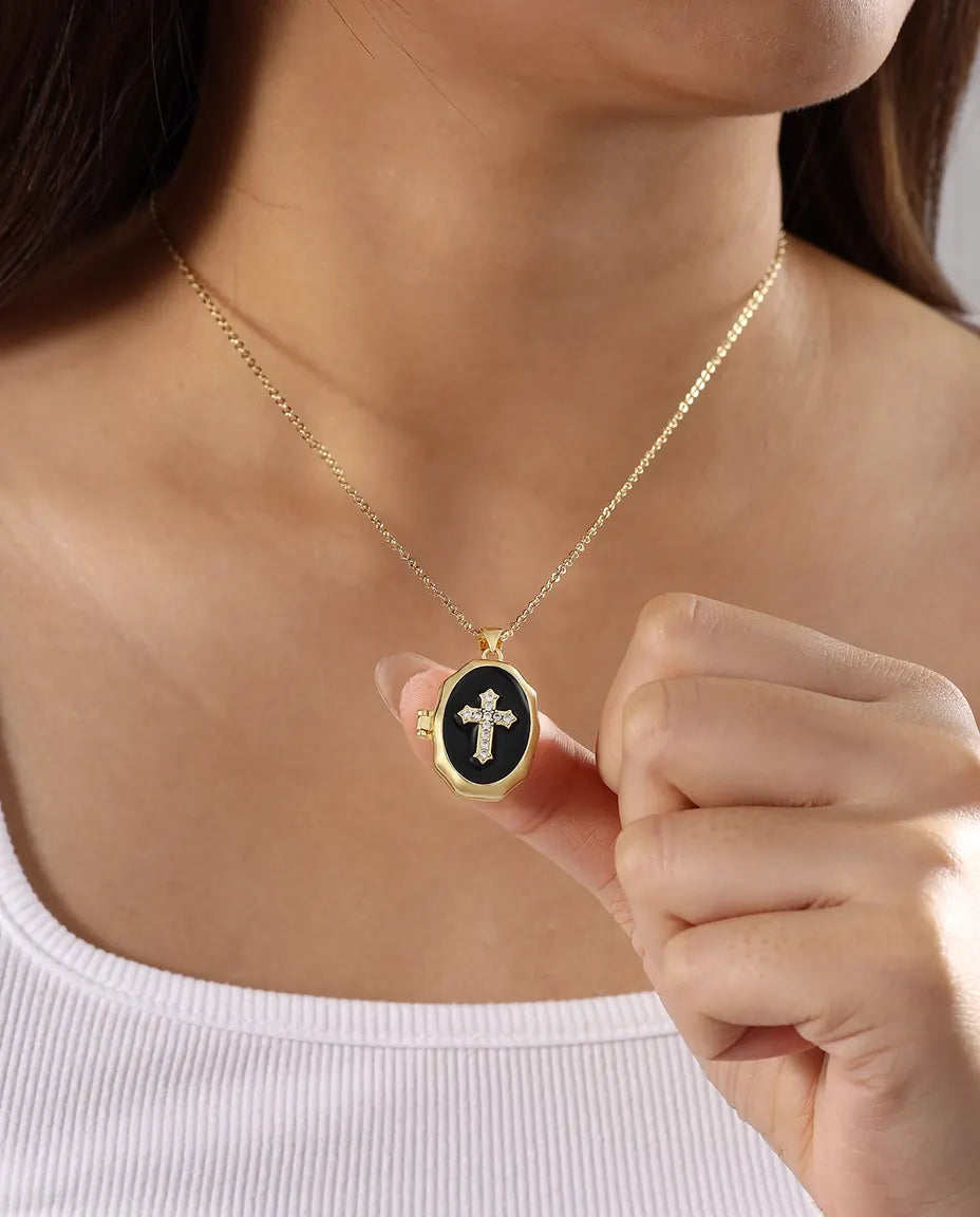 Médaillon croix personnalisé avec 2 photos – émail blanc, noir ou rouge, doré, cadeau baptême & communion
