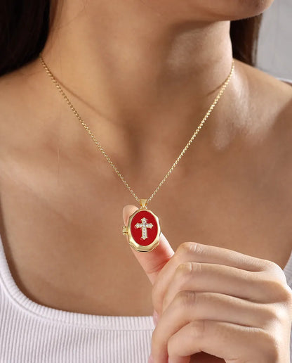 Médaillon croix personnalisé avec 2 photos – émail blanc, noir ou rouge, doré, cadeau baptême & communion