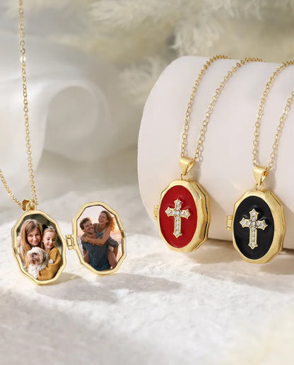 Médaillon croix personnalisé avec 2 photos – émail blanc, noir ou rouge, doré, cadeau baptême & communion