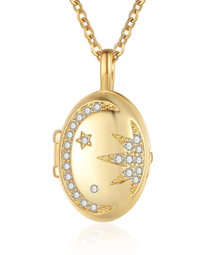 Médaillon ovale personnalisé avec 2 photos – lune et étoile en pavé de cristaux, collier doré