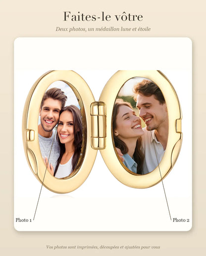 Médaillon ovale personnalisé avec 2 photos – lune et étoile en pavé de cristaux, collier doré