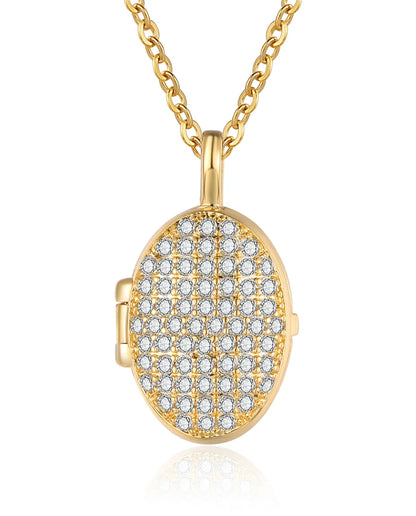 Médaillon ovale personnalisé avec 2 photos – pavé de cristaux scintillant, collier doré