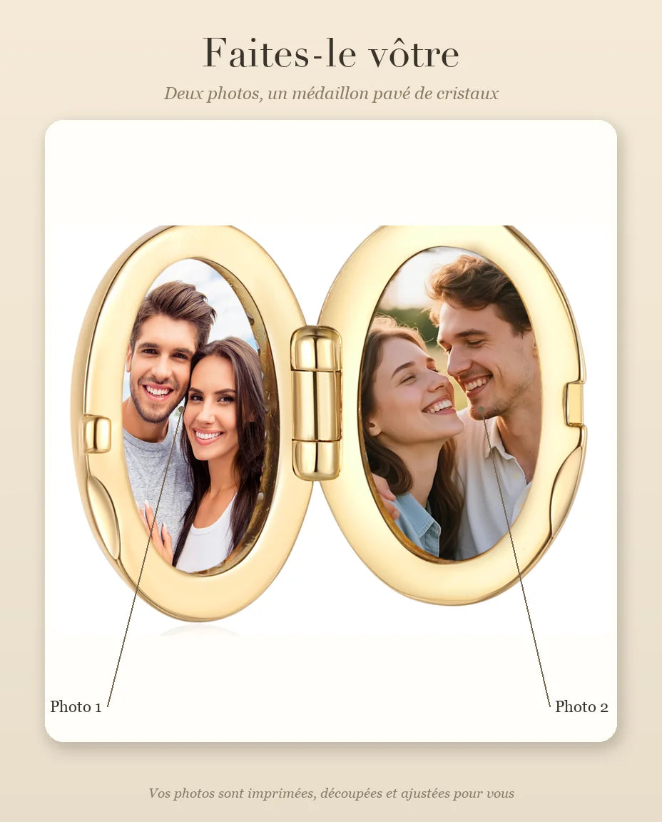 Médaillon ovale personnalisé avec 2 photos – pavé de cristaux scintillant, collier doré