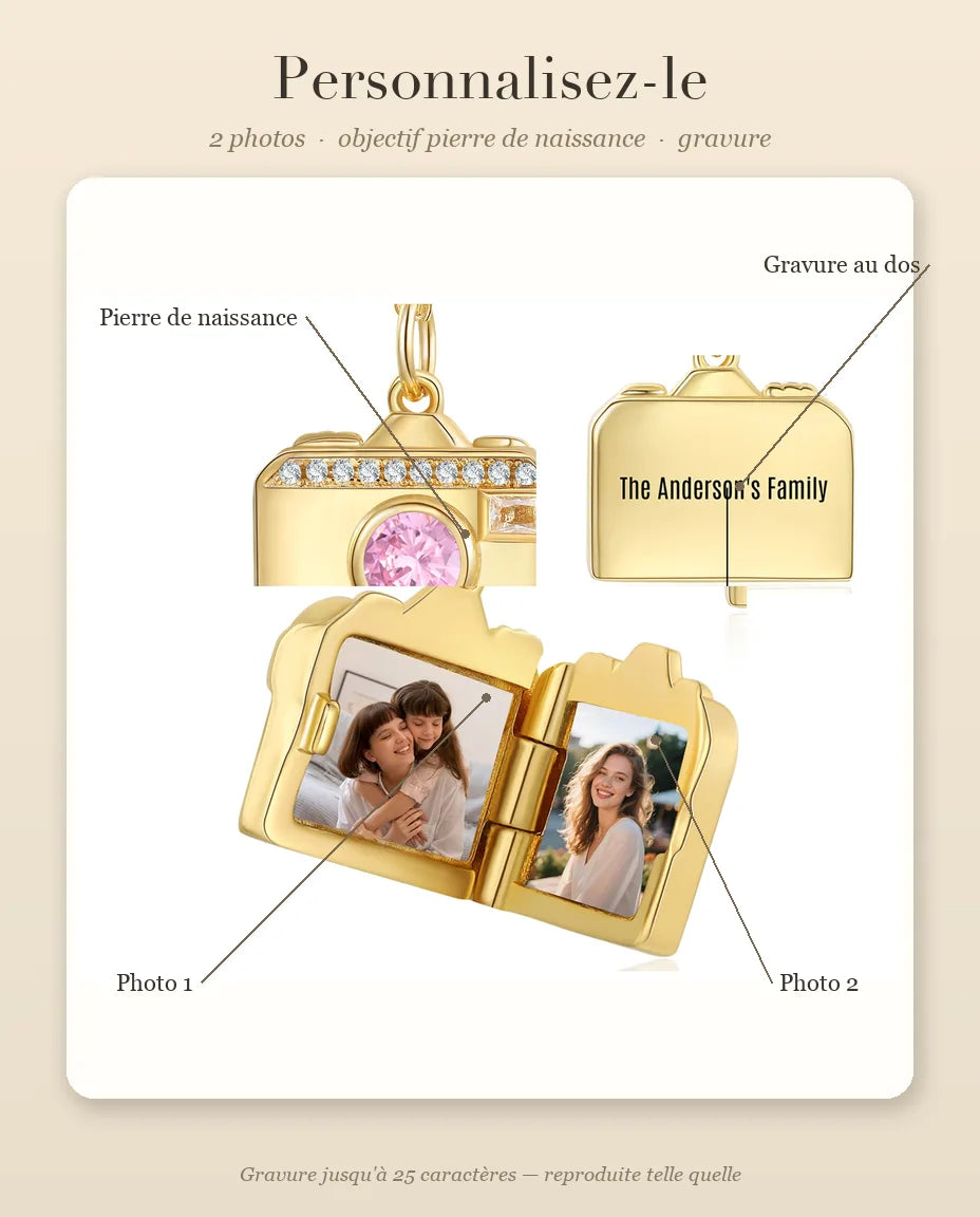 Guide de personnalisation : emplacement de la photo 1, de la photo 2 et de la gravure