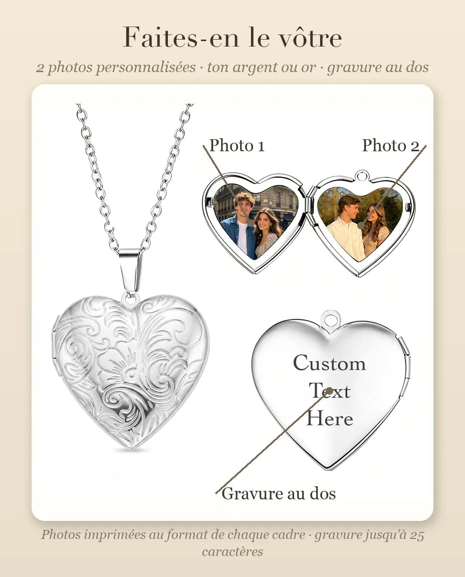 Médaillon Photo Cœur – 2 Photos à l'Intérieur, Gravure Florale, Argenté ou Doré, Gravure au Dos, Cadeau pour Elle, Maman