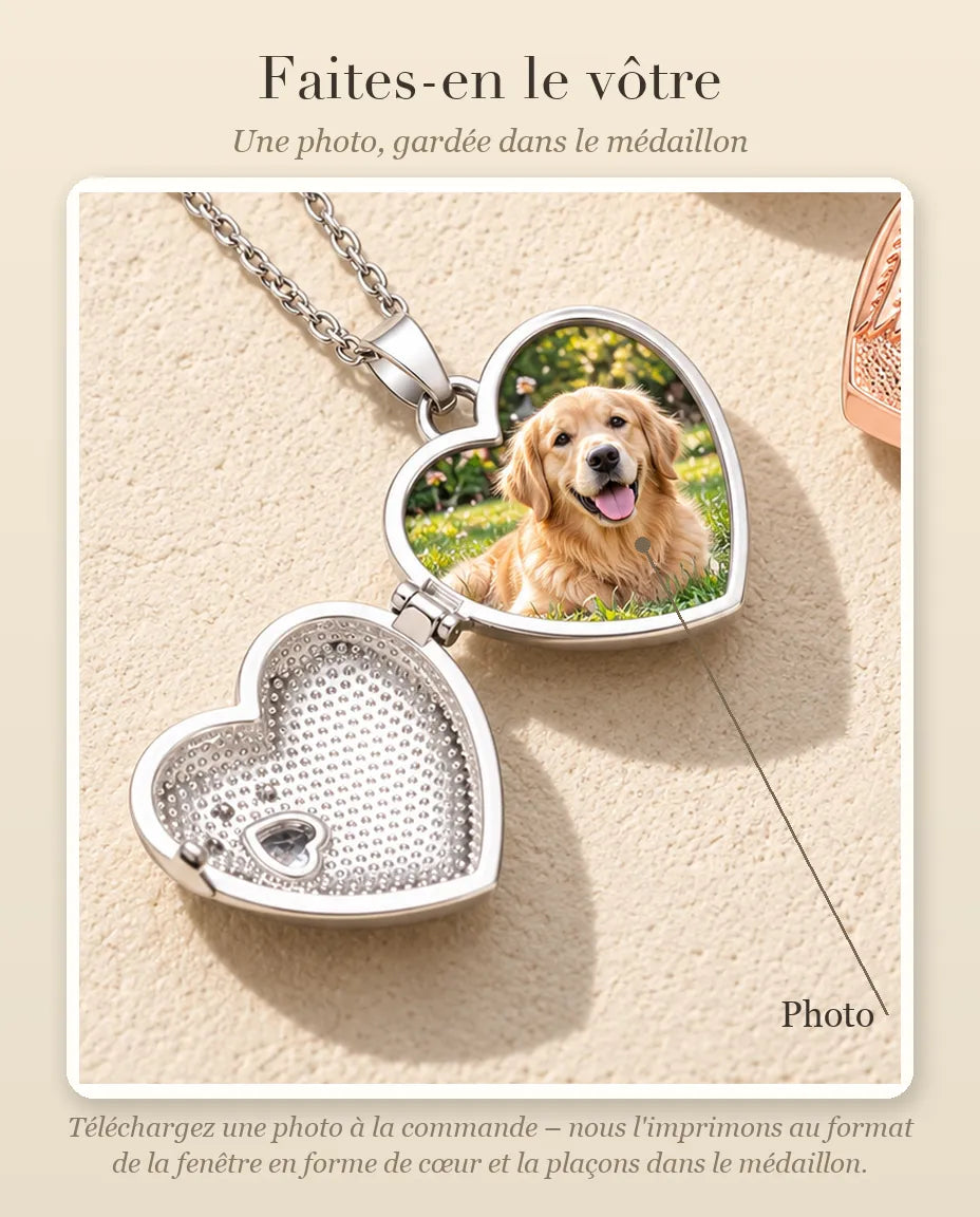Guide de personnalisation : où placer votre photo dans le médaillon photo cœur aile d'ange et patte