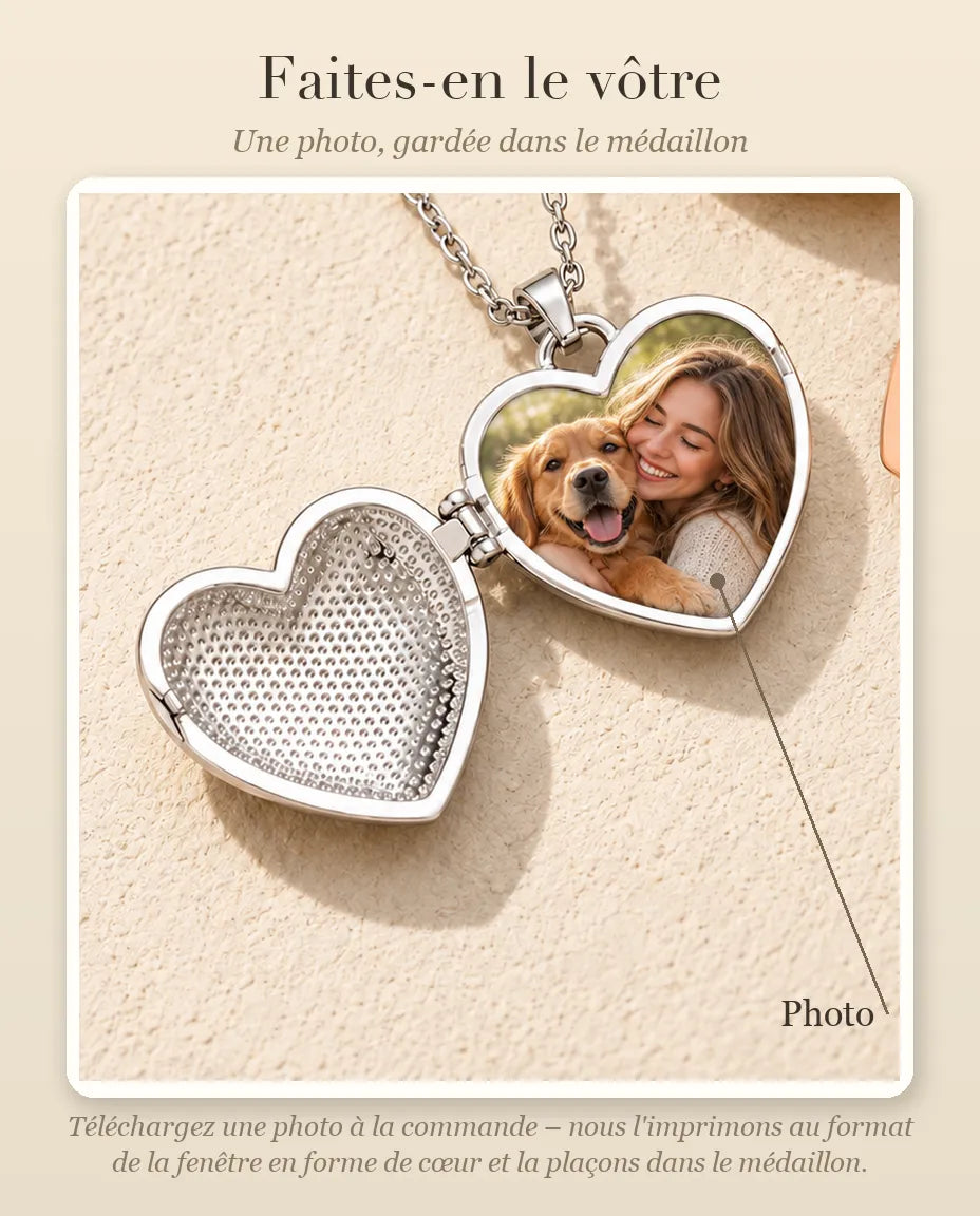 Guide de personnalisation : où placer votre photo dans le médaillon photo cœur femme et chien