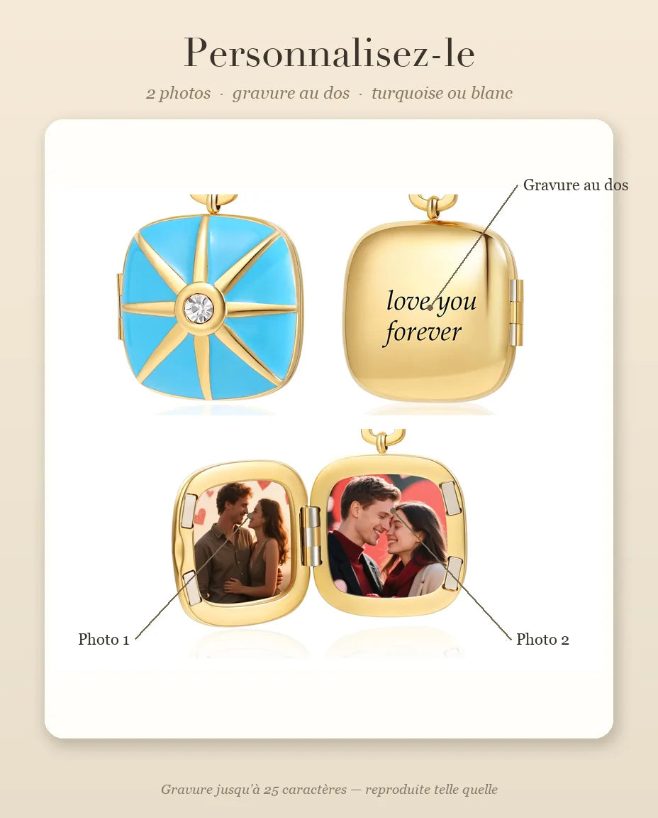 Guide de personnalisation : emplacement de la photo 1, de la photo 2 et de la gravure