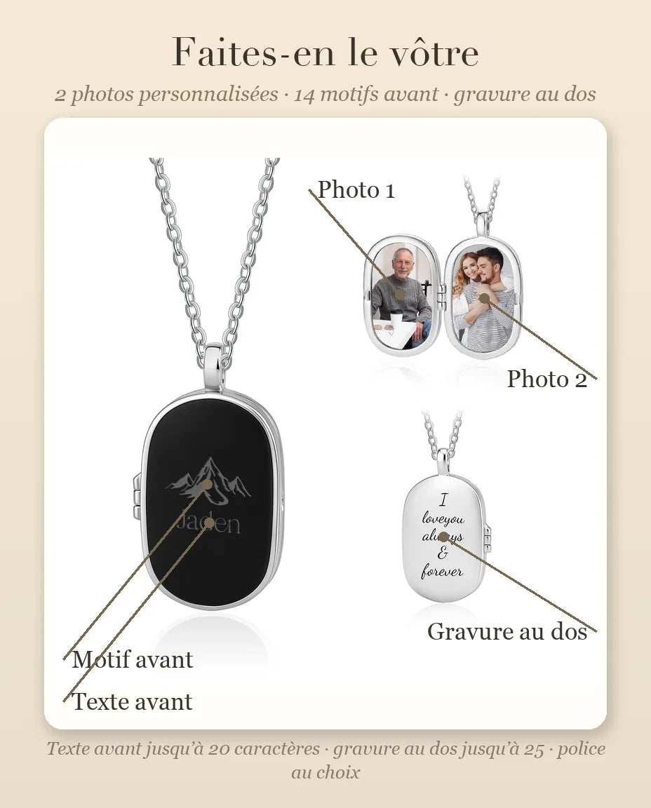 Médaillon Photo Homme – Pendentif Ovale Noir avec 2 Photos à l'Intérieur, Gravure Montagne et Prénom, Cadeau pour Lui, Papa