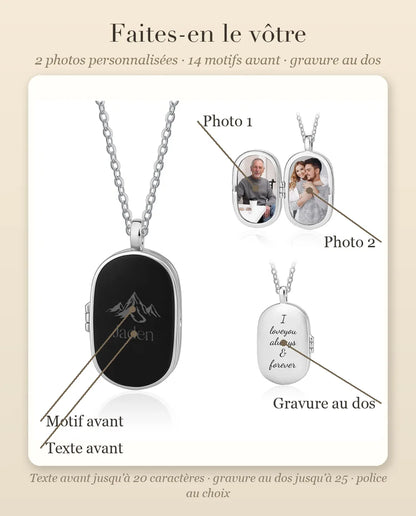 Médaillon Photo Homme – Pendentif Ovale Noir avec 2 Photos à l'Intérieur, Gravure Montagne et Prénom, Cadeau pour Lui, Papa