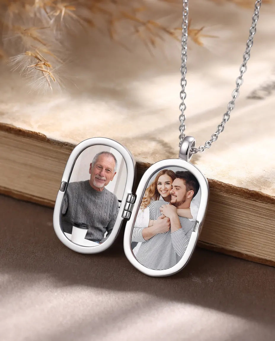 Médaillon Photo Homme – Pendentif Ovale Noir avec 2 Photos à l'Intérieur, Gravure Montagne et Prénom, Cadeau pour Lui, Papa