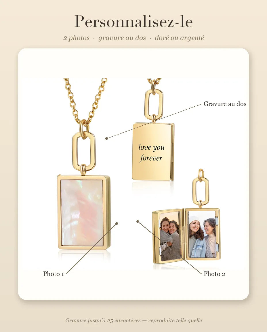 Guide de personnalisation : emplacement de la photo 1, de la photo 2 et de la gravure