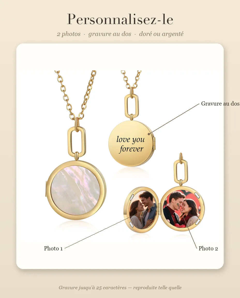 Guide de personnalisation : emplacement de la photo 1, de la photo 2 et de la gravure