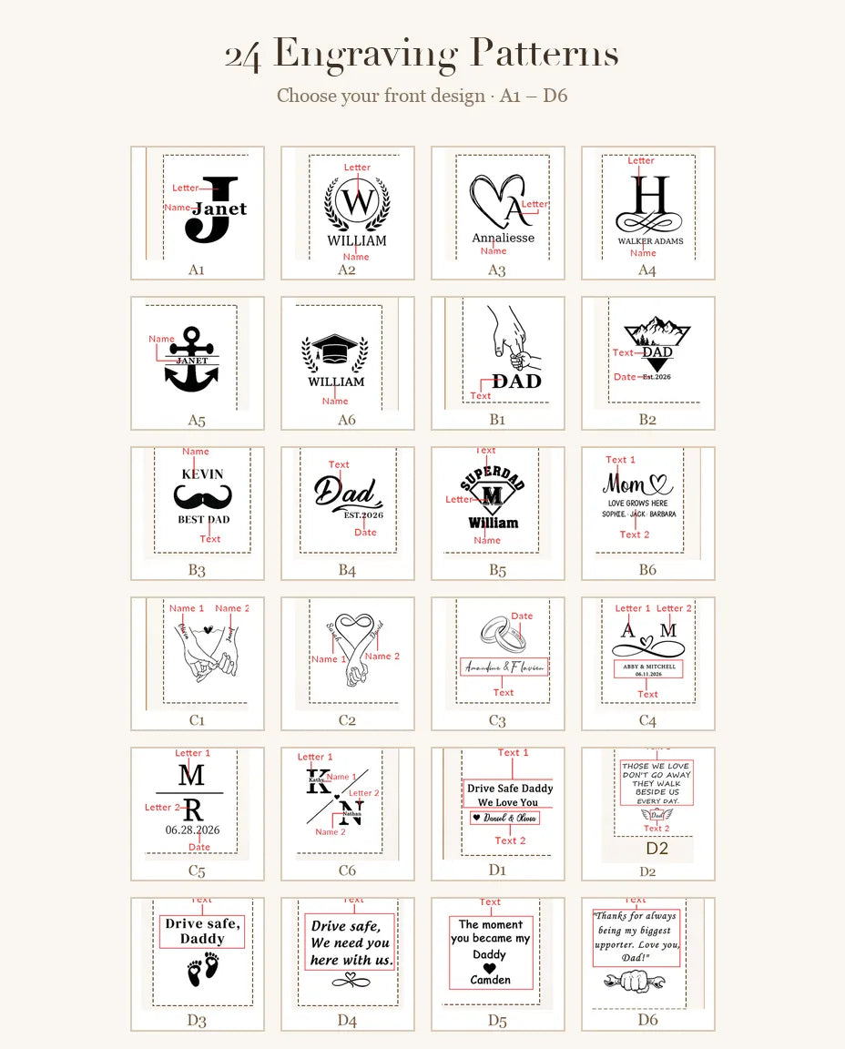 24 motifs de gravure A1 à D6 pour le porte-clés photo en similicuir personnalisé