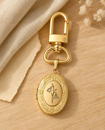 Porte-clés personnalisé avec médaillon doré et fleur de naissance gravée