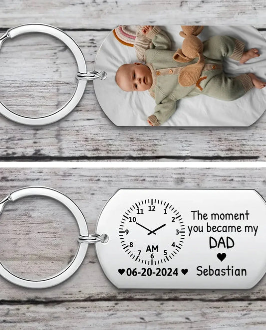 Porte-clés en acier avec photo de bébé sur la face avant